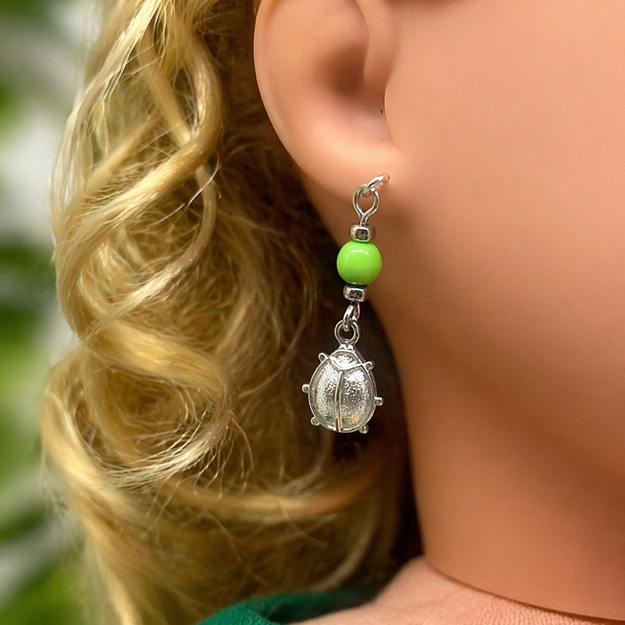 Green Glass Silver Lady Bug Dangle Doll Earrings for 18 Inch Fashion Doll Jewelry