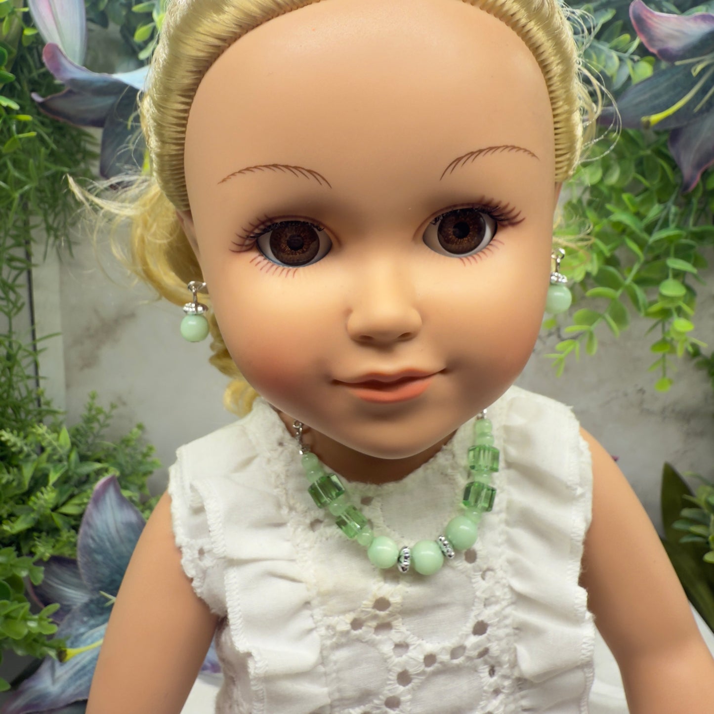 Light Green Glass Beaded Silver Chain Doll Necklace • 18 Inch Fashion Doll Jewelry