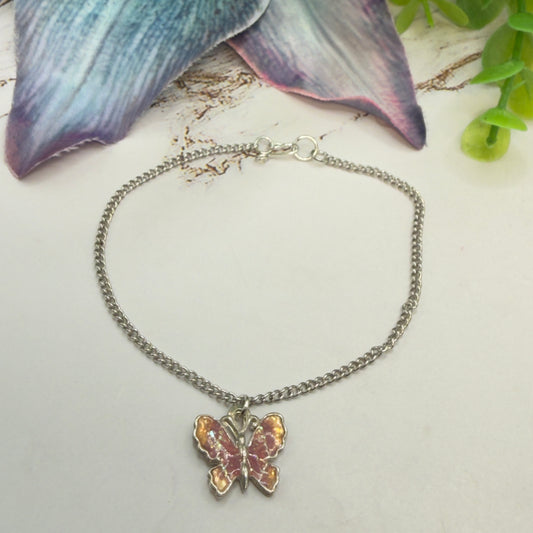 Mauve Pink Purple Orange Glitter Enamel Butterfly Silver Doll Necklace • 18 Inch Fashion Doll Jewelry