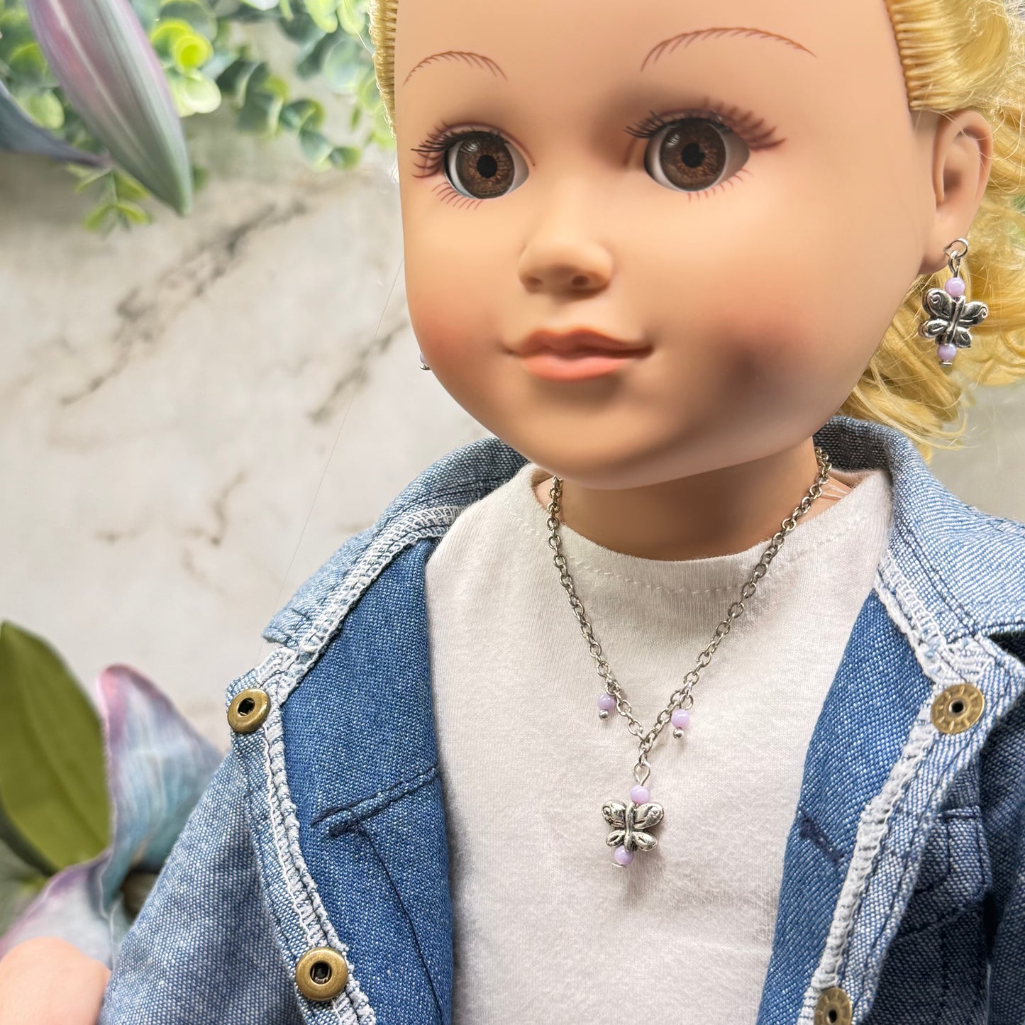 Silver Butterfly Light Purple Bead Accent Charm Doll Necklace & Earrings • 18 Inch Fashion Doll Jewelry