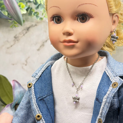 Silver Butterfly Light Purple Bead Accent Charm Doll Necklace & Earrings • 18 Inch Fashion Doll Jewelry