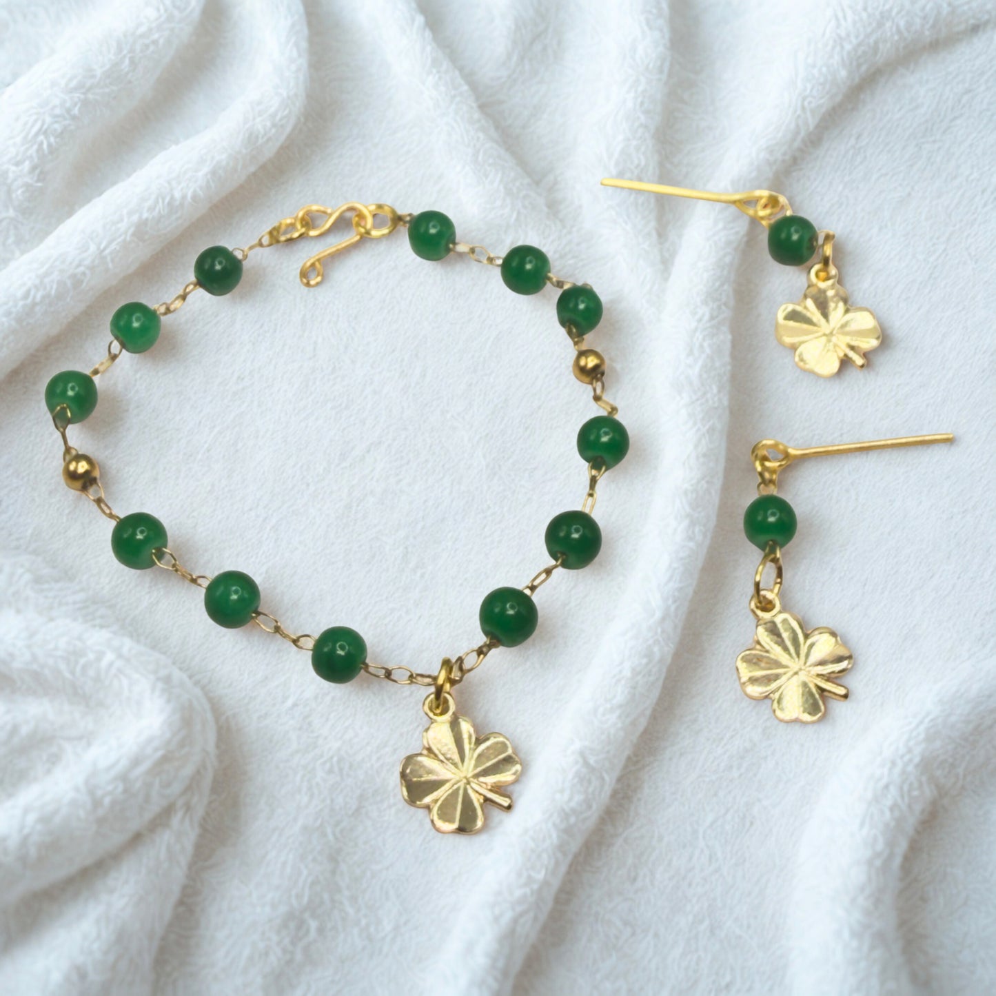 Green Beaded Chain Gold Clover Charm Doll Necklace & Earrings • 18 Inch Fashion Doll Jewelry
