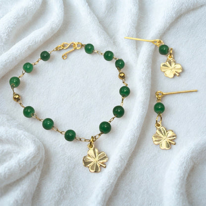 Green Beaded Chain Gold Clover Charm Doll Necklace & Earrings • 18 Inch Fashion Doll Jewelry