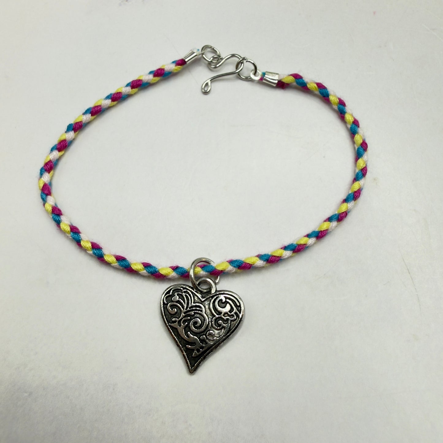 Braided Thread Purple Blue Yellow Doll Necklace w/ Silver Heart Charm • 18 Inch Fashion Doll Jewelry