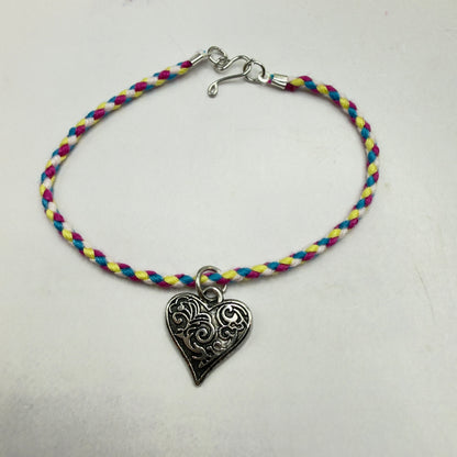 Braided Thread Purple Blue Yellow Doll Necklace w/ Silver Heart Charm • 18 Inch Fashion Doll Jewelry