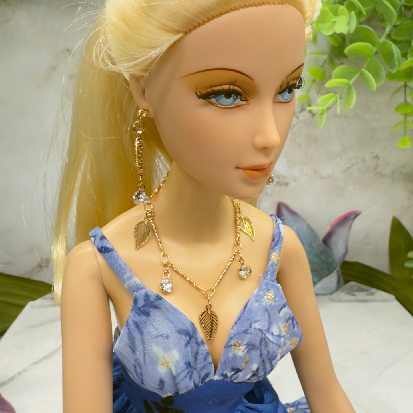 Gold Leaf Clear Rhinestone Dangles Gold Doll Necklace & Earrings • 16 Inch Fashion Doll Jewelry