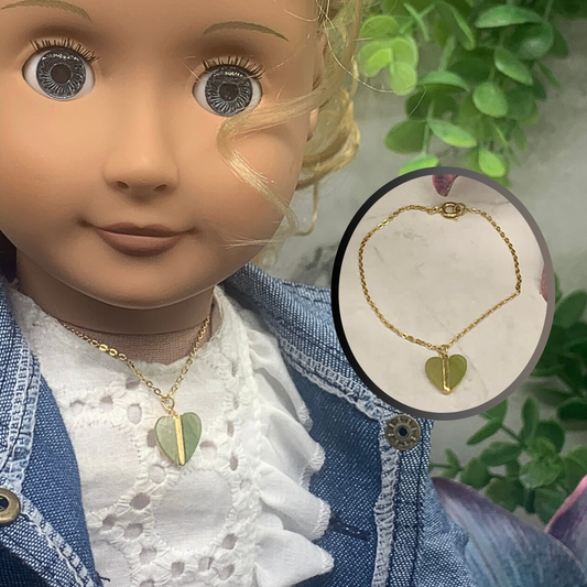 Green Glass Heart Pendant Gold Tone Necklace • 18 Inch Fashion Doll Jewelry