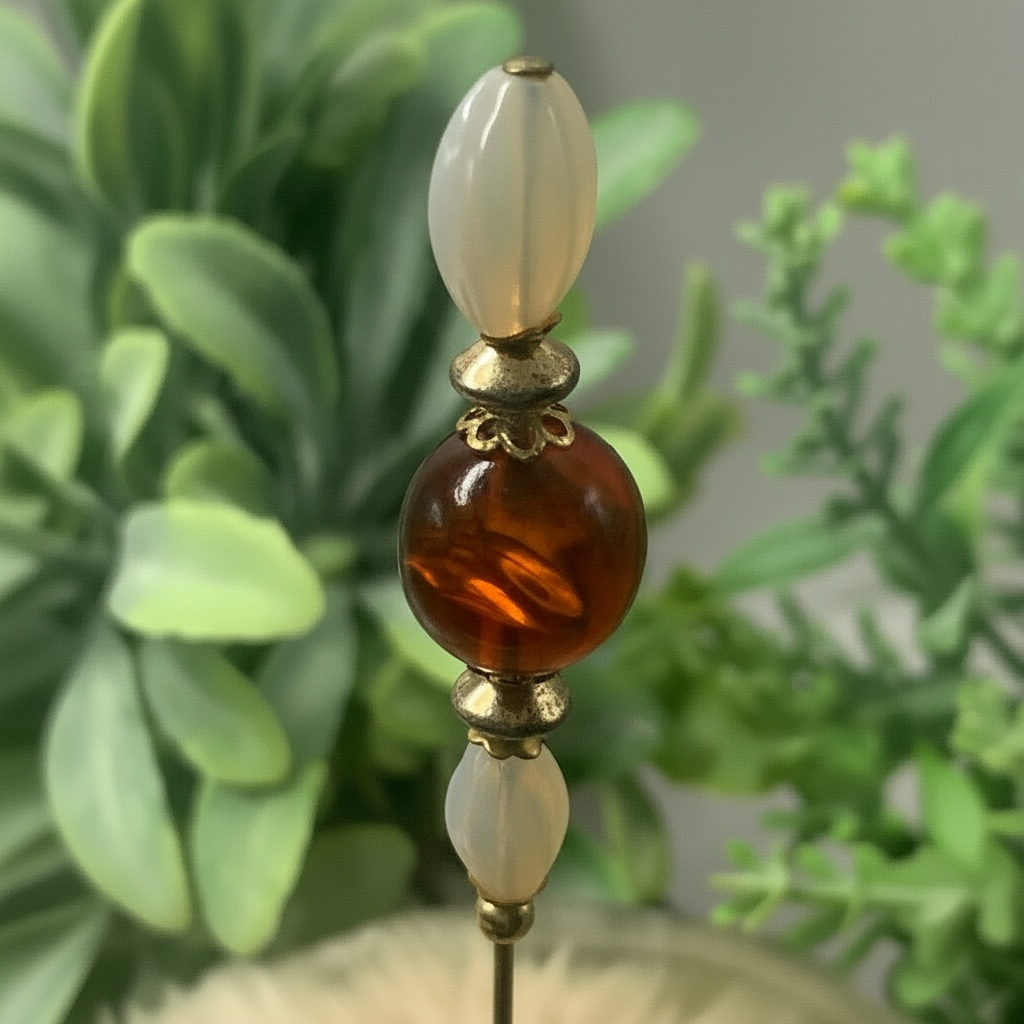Milky Glass & Brown Translucent Bead - Gold Tone 6” Pin • Hatpin - Stick Pin