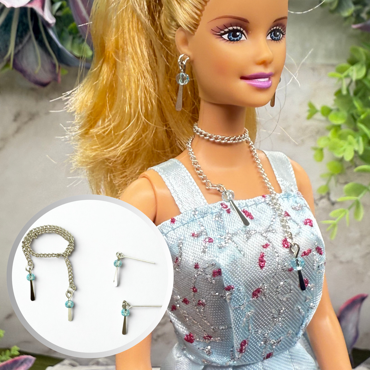 Light Blue Crystal Silver Dangle Wrap Layer Style Doll Necklace / Belt & Earrings • 10-12 Inch Fashion Doll Jewelry 1:6