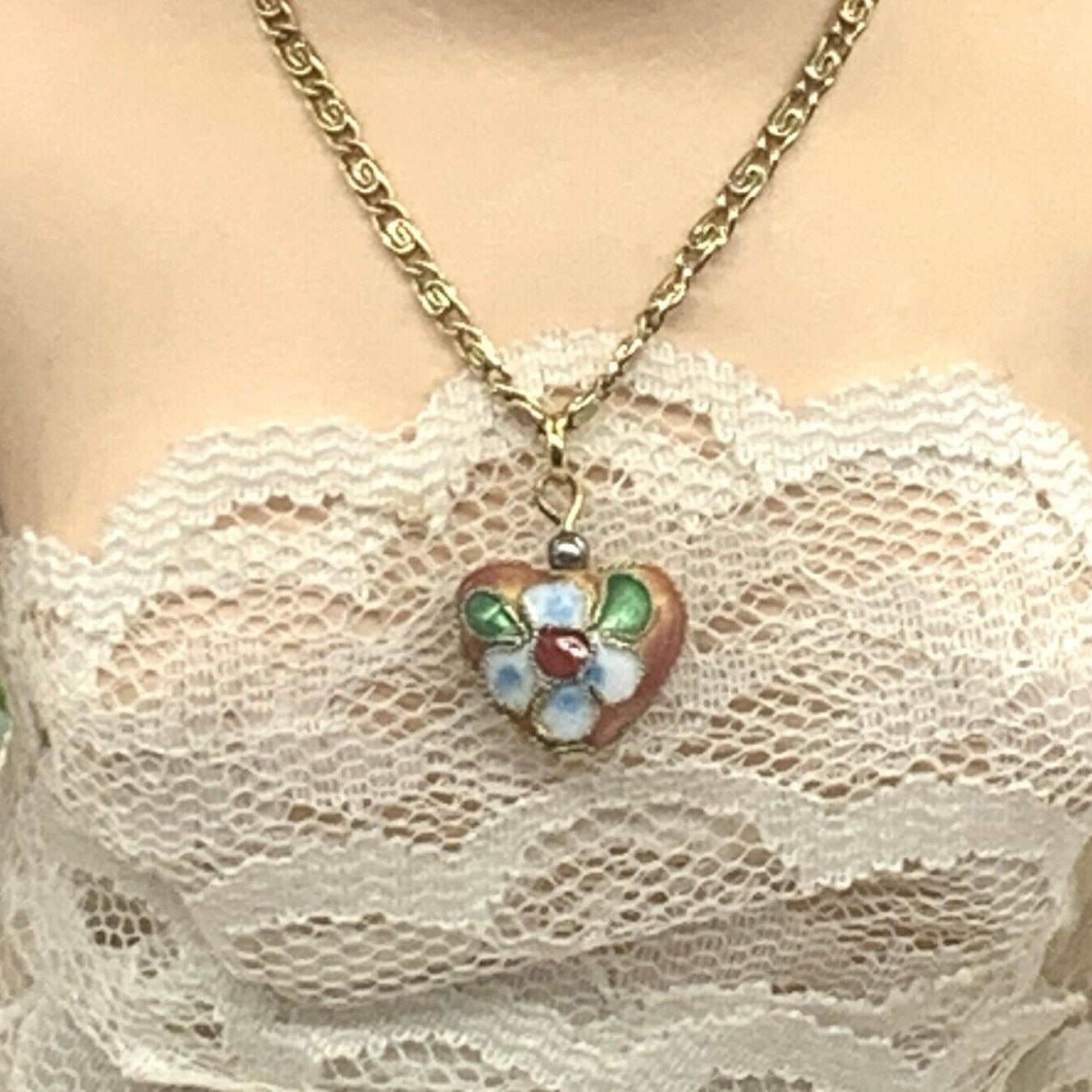 Flower Design Heart Doll Necklace Gold Chain for 18-22” Vintage Fashion Dolls
