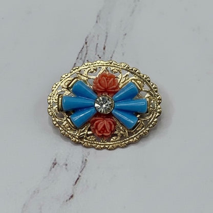 Gold Tone Oval Filigree Blue & Coral Rose Accents Pin • Doll Brooch