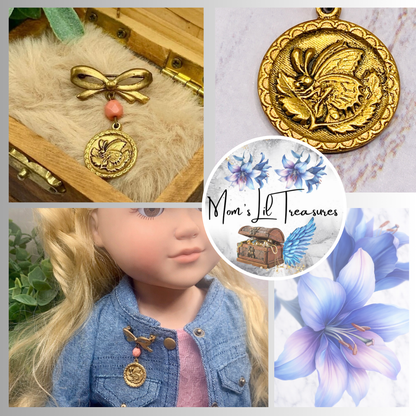 Gold Tone Bow Pin Pink Bead Gold Butterfly Flower Design Dangle • Doll Brooch