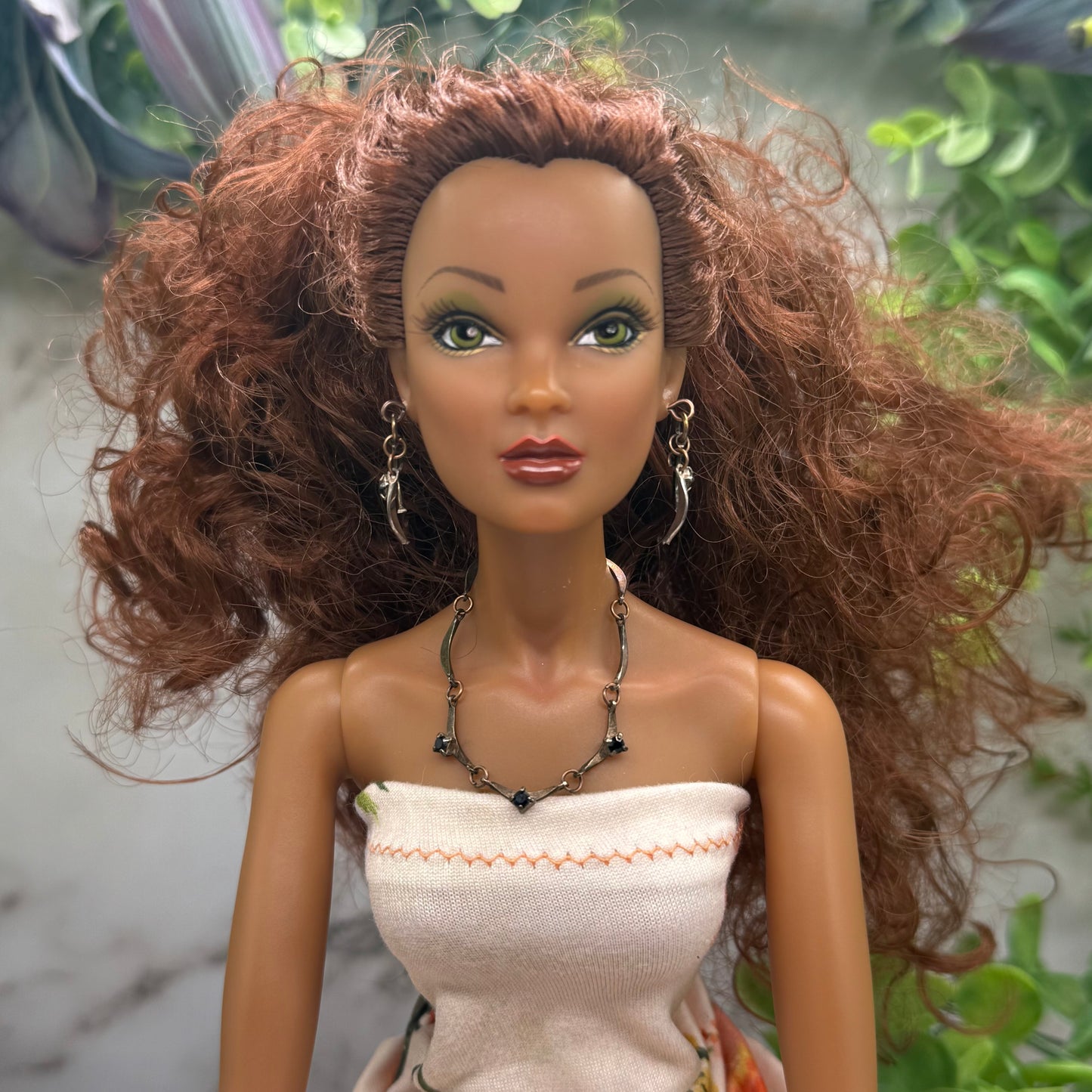 Black Rhinestone Bronze Copper Link Doll Necklace Earrings Set 16” Doll Jewelry