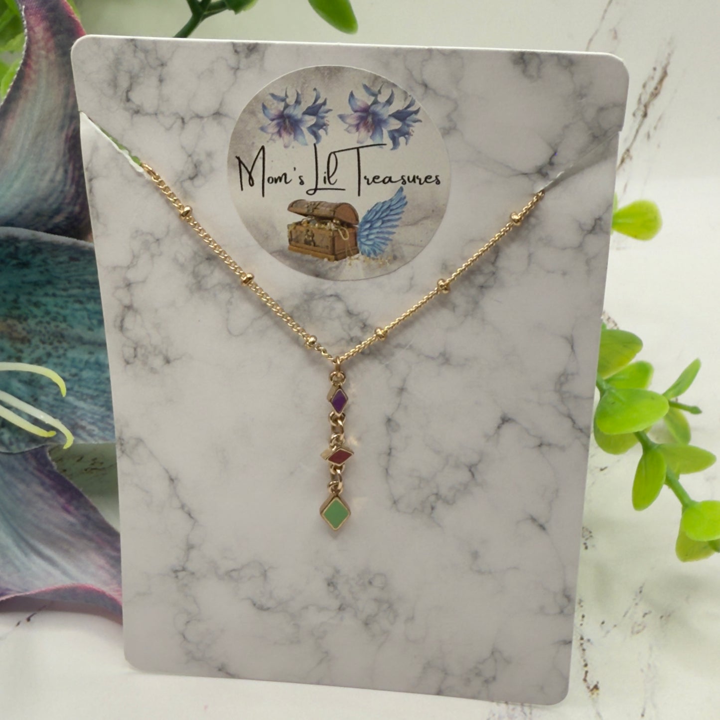 Multi Color Diamond Charm Y-Drop Gold Doll Necklace • 16 Inch Doll Jewelry