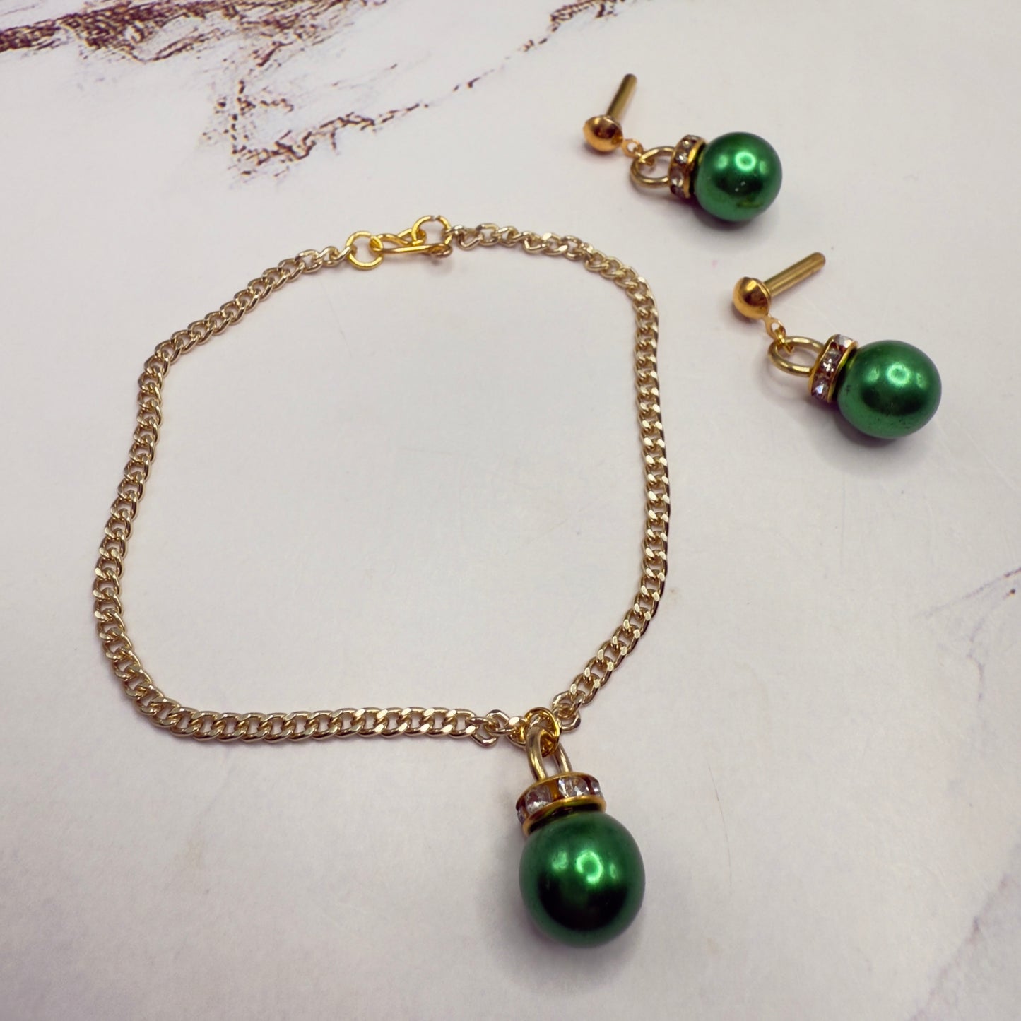 Green Christmas Ball Ornament Charm Doll Necklace & Dangle Doll Earrings • 2mm Post for 18 Inch Fashion Doll