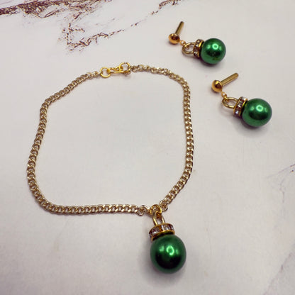 Green Christmas Ball Ornament Charm Doll Necklace & Dangle Doll Earrings • 2mm Post for 18 Inch Fashion Doll