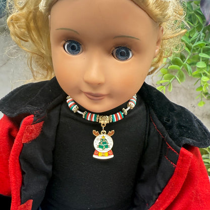 Christmas Snow Globe Charm Acrylic Beaded White Fabric Cord Doll Necklace • 18 Inch Fashion Doll Jewelry
