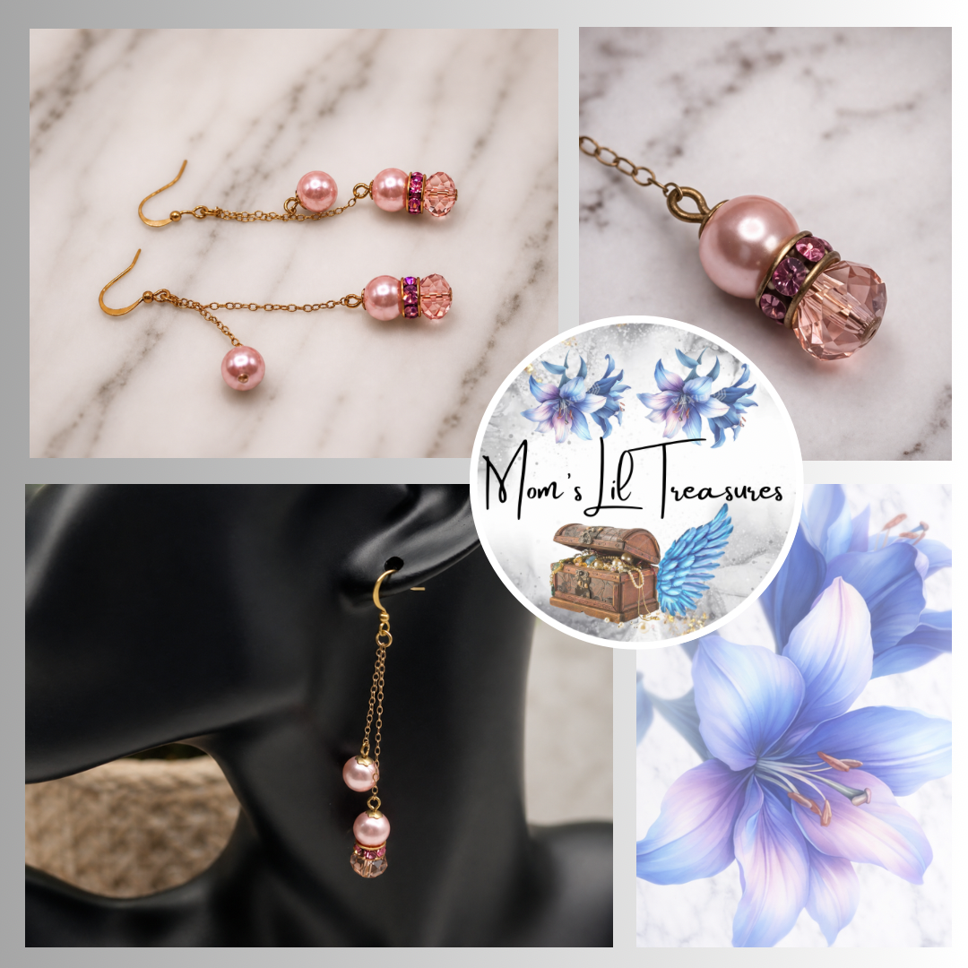 Pink Glass Crystal Pearl Rhinestone Gold Tone Chain • Handmade Dangle Earrings