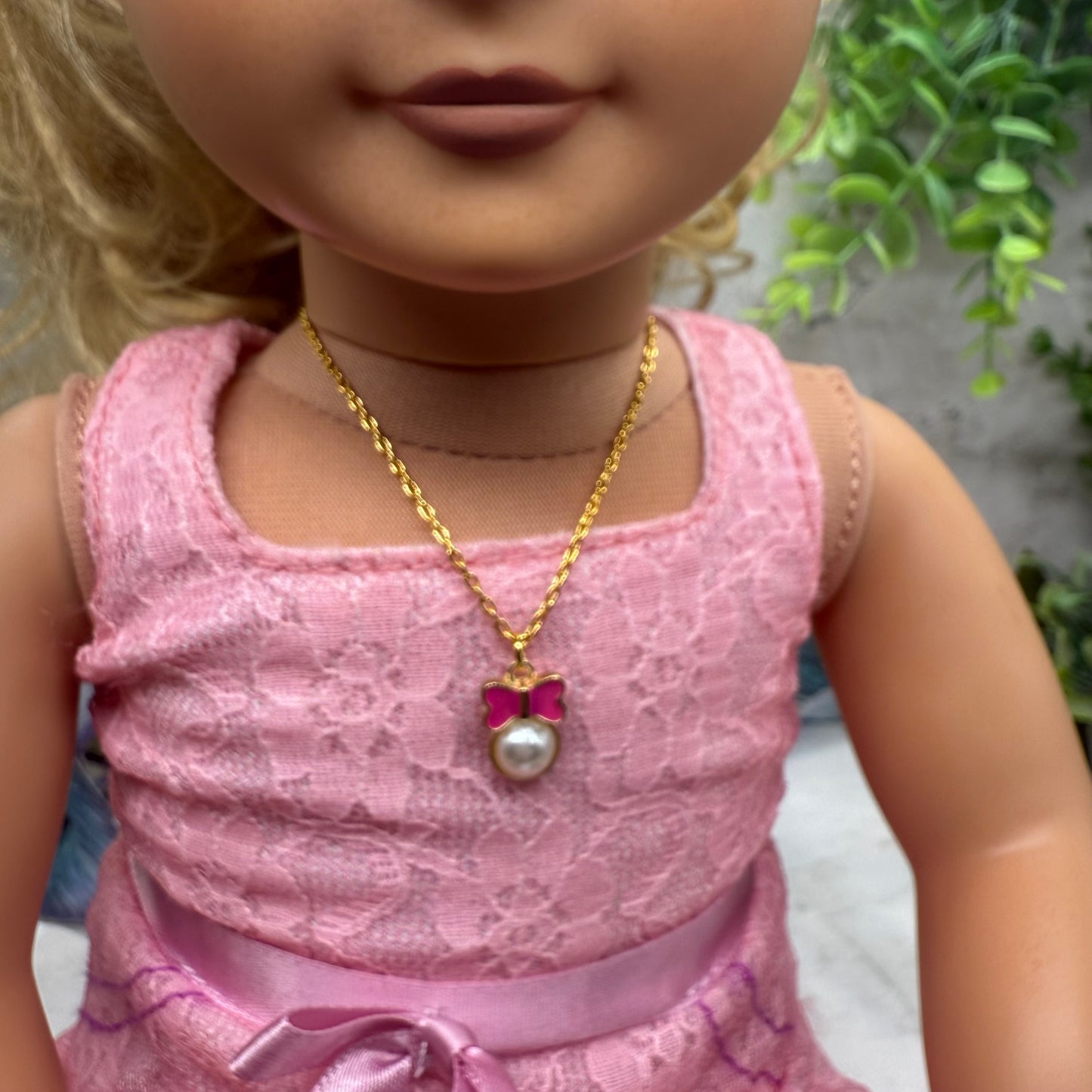Pink Bow Pearl Charm Pendant Gold Doll Necklace • 18 Inch Fashion Doll Jewelry