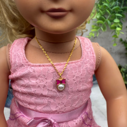 Pink Bow Pearl Charm Pendant Gold Doll Necklace • 18 Inch Fashion Doll Jewelry