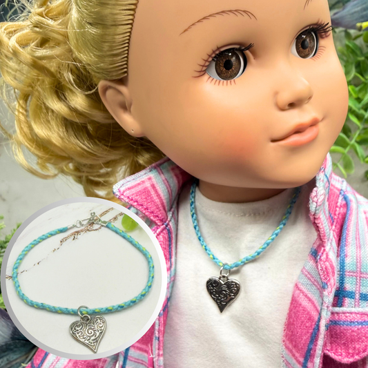 Turquoise Light Blue Braided Thread Doll Necklace Silver Heart Charm • 18 Inch Fashion Doll Jewelry