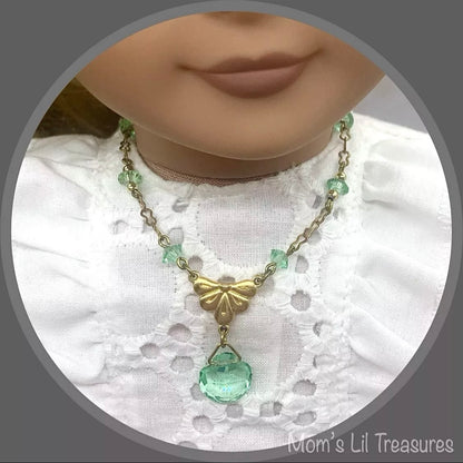 Green Glass Crystal Pendant Gold Doll Necklace • 18 Inch Fashion Doll Jewelry