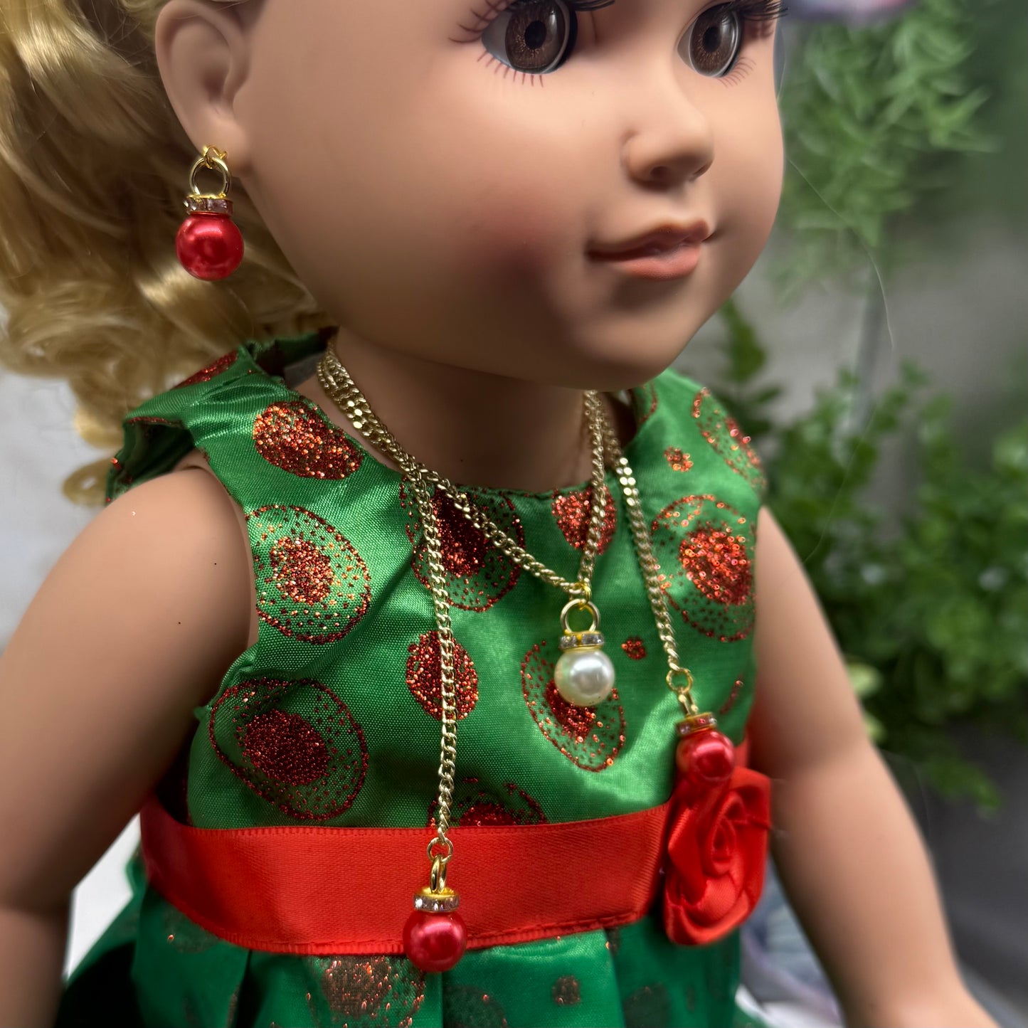 Red Pearl Christmas Ornament Layer Doll Necklace & Earrings • 18 Inch Fashion Doll Jewelry