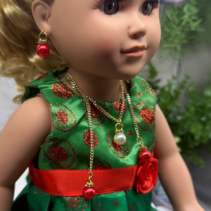 Red Pearl Christmas Ornament Layer Doll Necklace & Earrings • 18 Inch Fashion Doll Jewelry