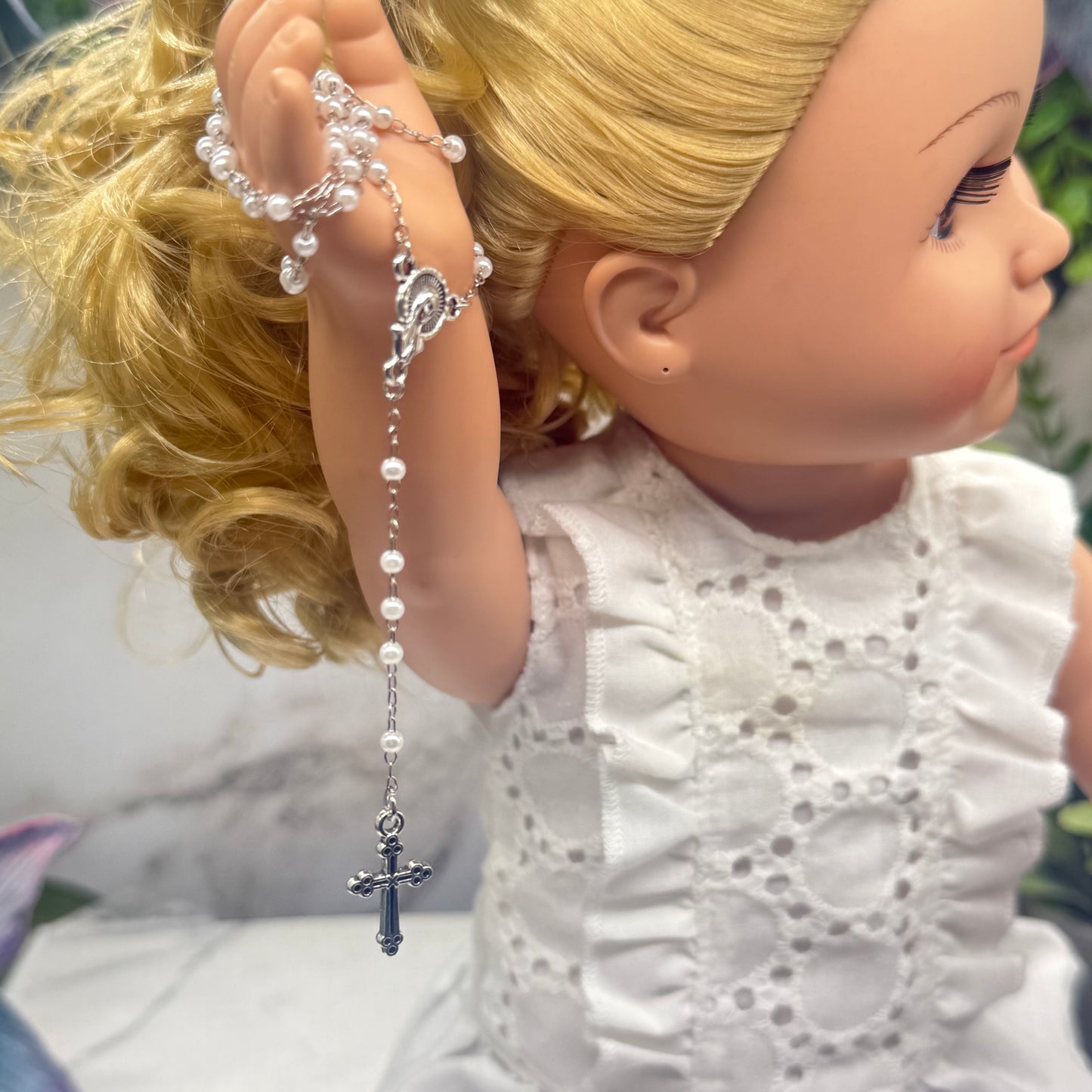 White Pearl Beaded Silver Chain & Cross • Doll Size Catholic Rosary for 18-22” Fashion or Vintage Dolls