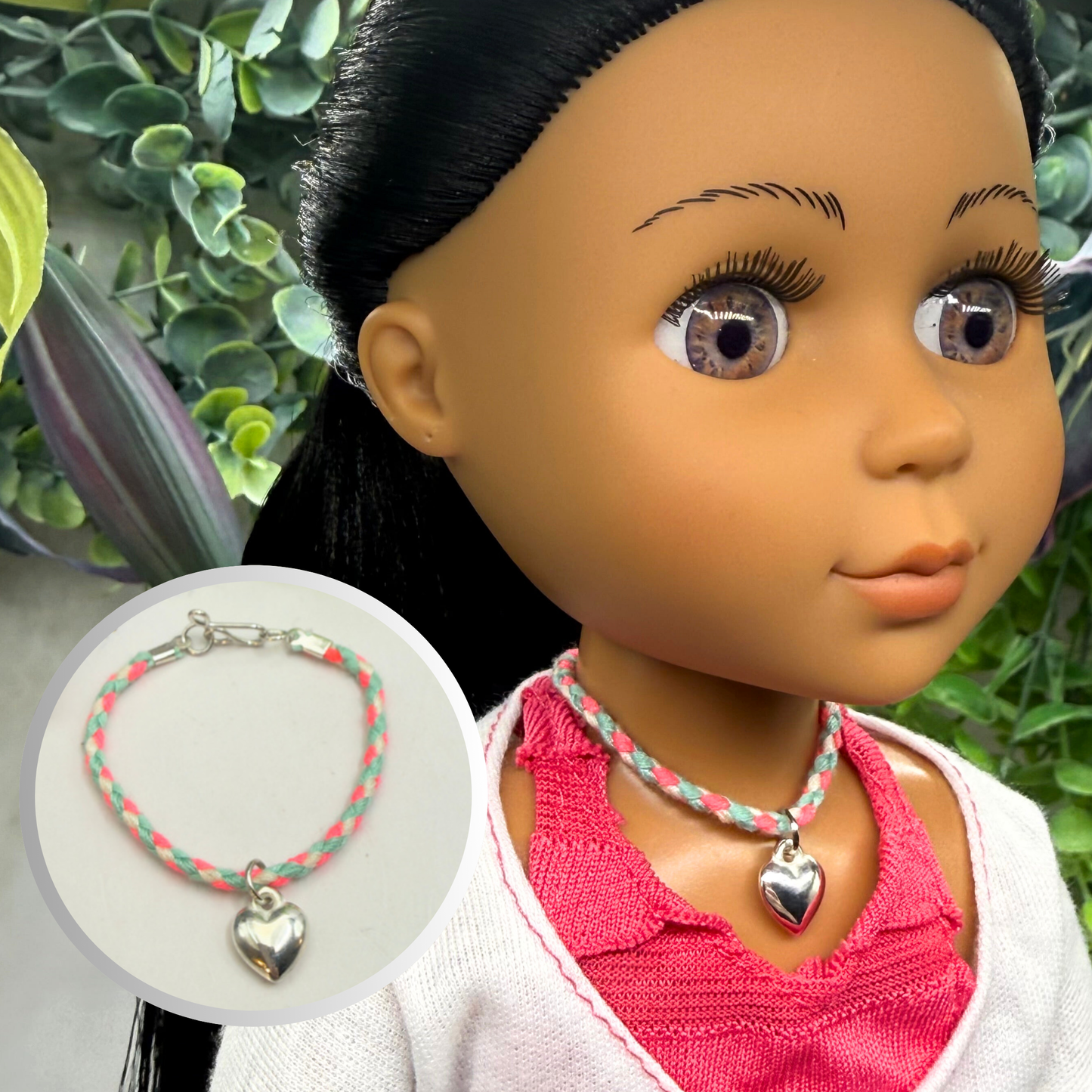 Pink Blue White Braided Thread Doll Necklace w/ Silver Heart Charm • 14 Inch Fashion Doll Jewelry