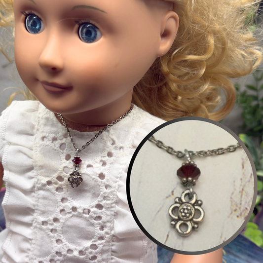 Ruby Red Glass Crystal Silver Filigree Pendant Doll Necklace • 18 Inch Fashion Doll Jewelry