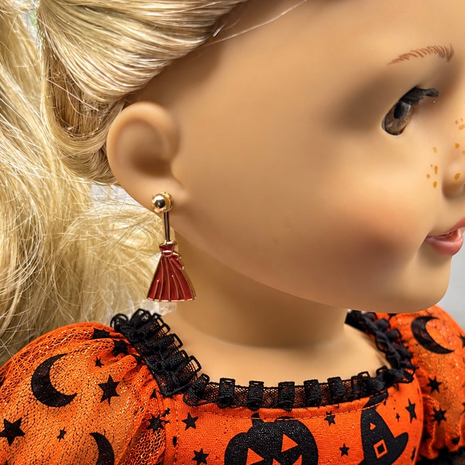 Witches Broom Halloween Dangle 2mm Post Doll Earrings • fits 18 Inch Doll • American Girl