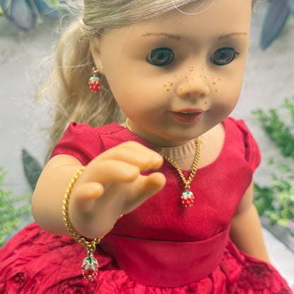 Strawberry Enamel Design Charm Doll Necklace - Bracelet & Earrings Set • 18 Inch Fashion Doll Jewelry