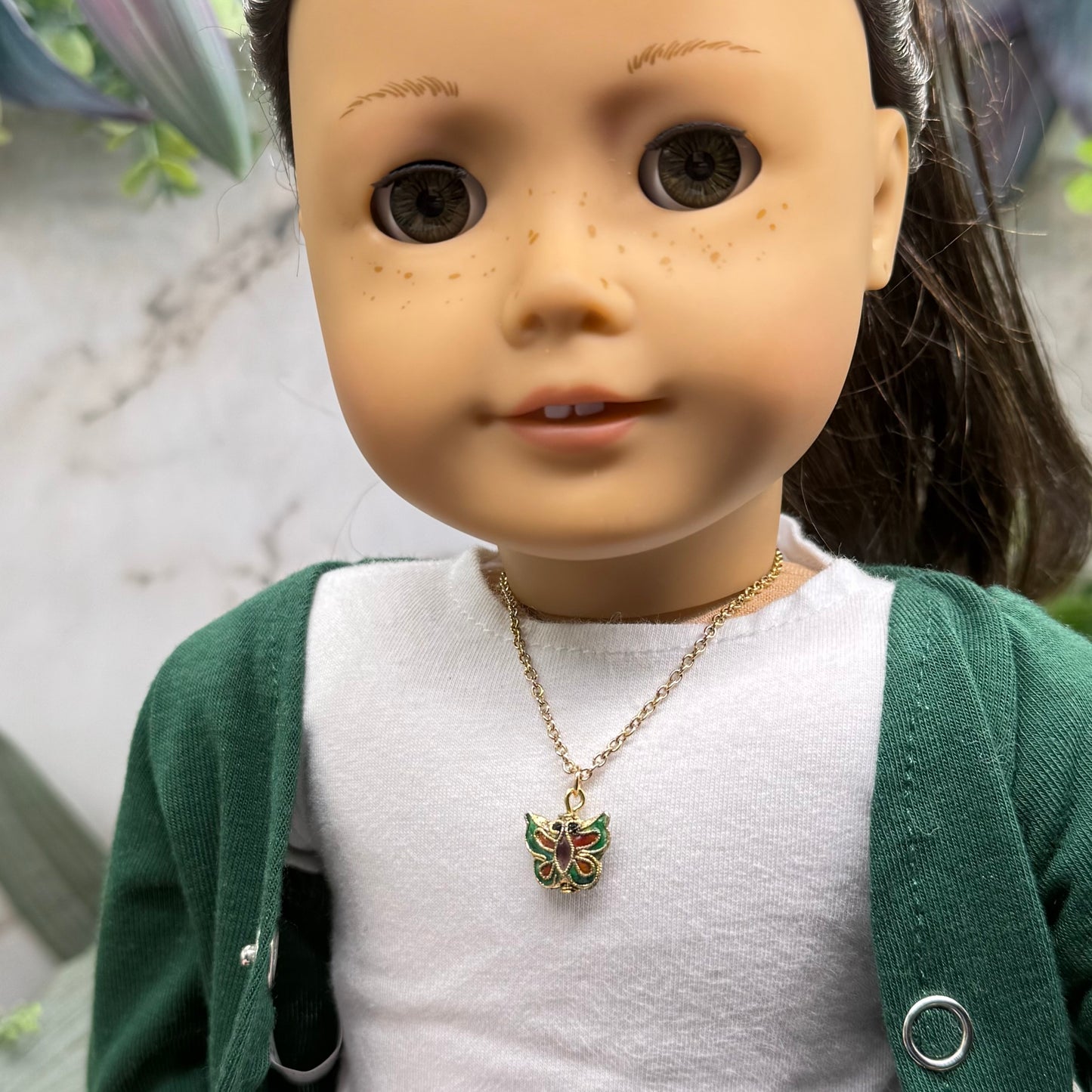 Green Multi Color Enamel Detail Butterfly Charm Gold Doll Necklace • 18 Inch Fashion Doll Jewelry