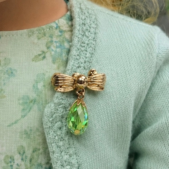 Green Glass Crystal Dangle Gold Bow Doll Pin Brooch