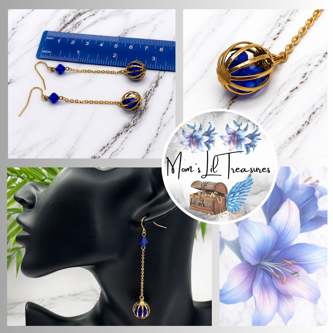Blue Crystal and Gold Tone Chain Cage Bead Dangle Earrings - Handmade