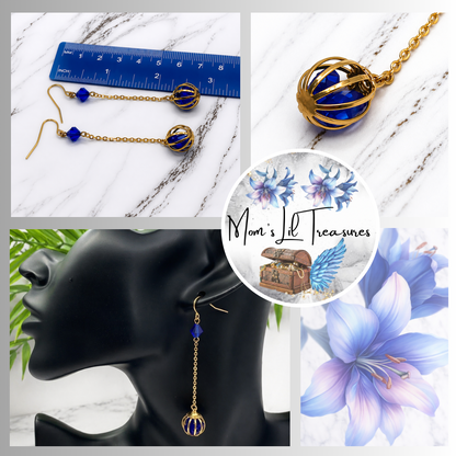 Blue Crystal and Gold Tone Chain Cage Bead Dangle Earrings - Handmade