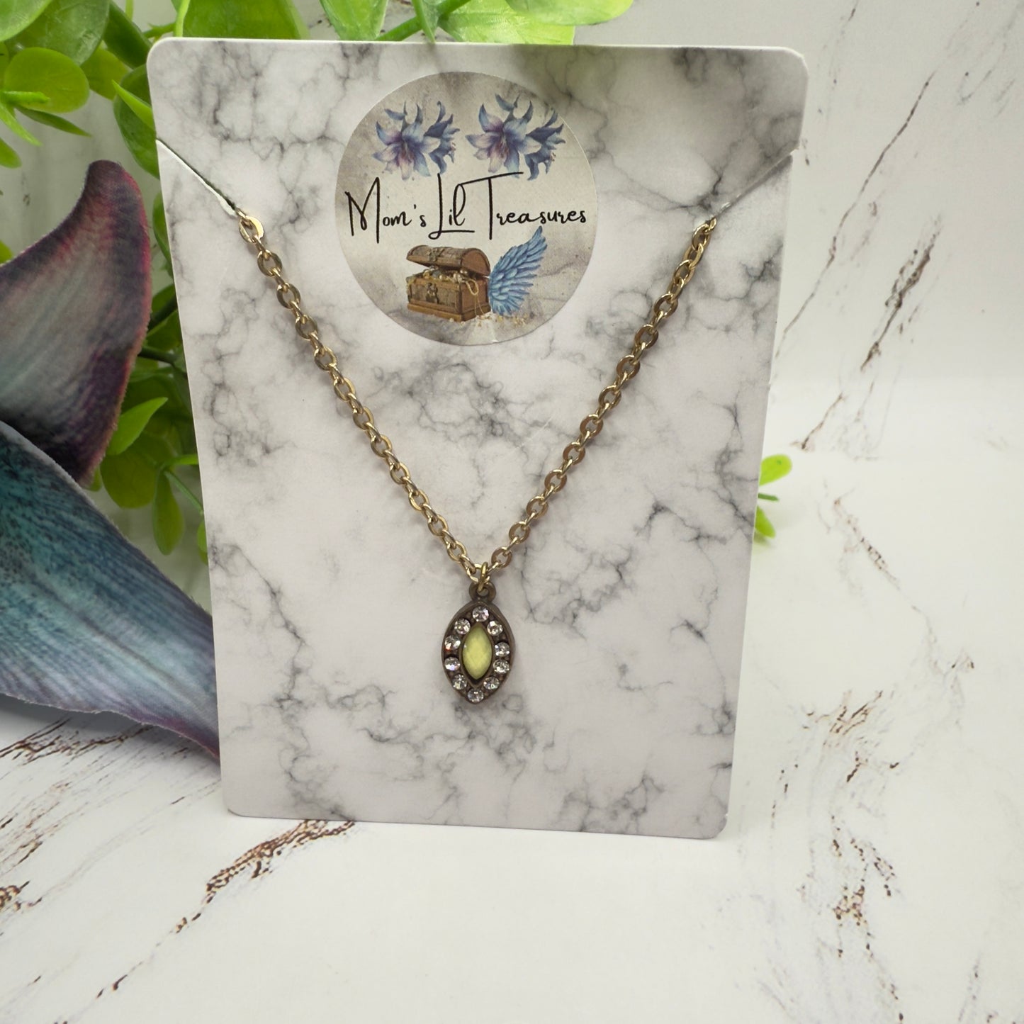 Oval Light Green Clear Rhinestone Pendant Gold Doll Necklace • 18 Inch Fashion Doll Jewelry