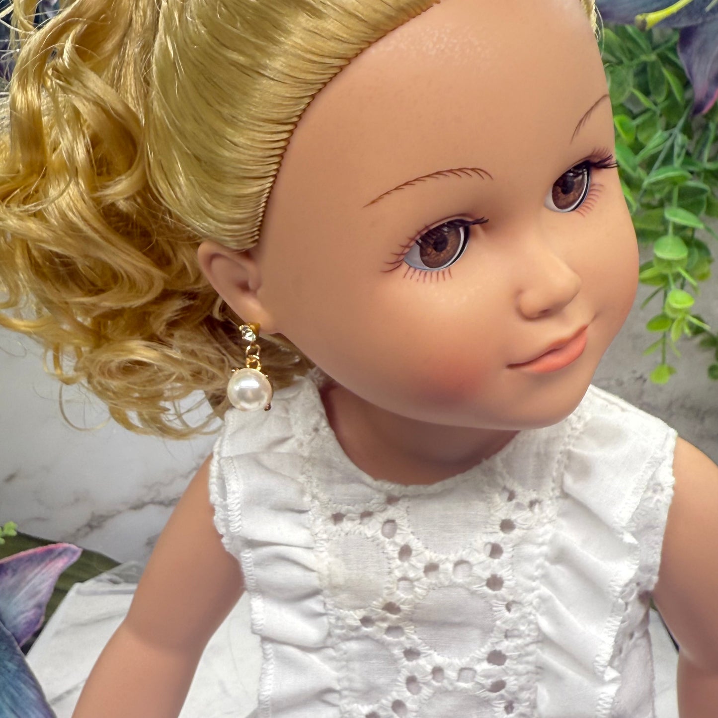 Round Pearl Dangle Clear Rhinestone Post Doll Earrings  • 18 Inch Fashion Doll Jewelry