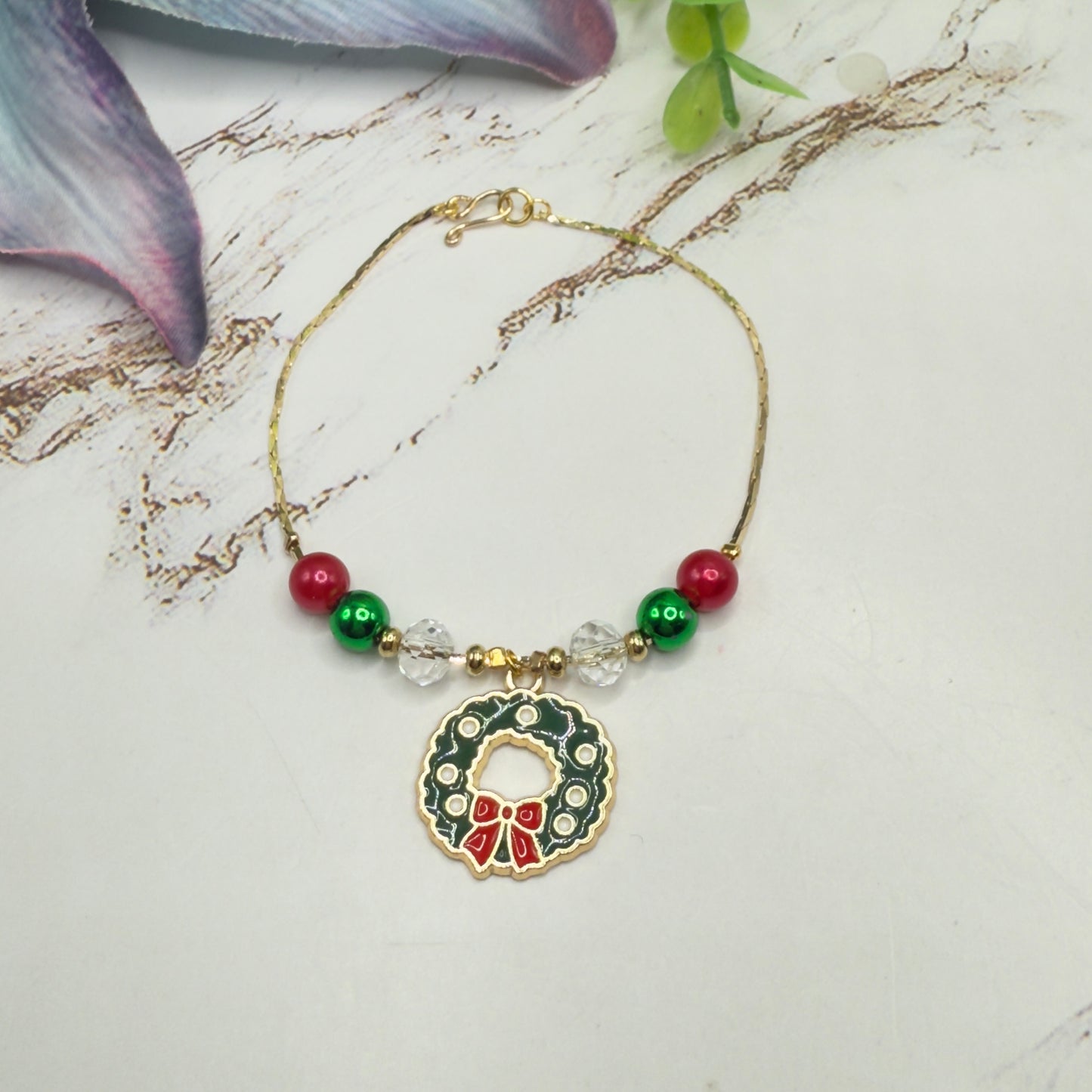 Christmas Wreath Charm Red Green Beaded Gold Doll Necklace • 18 Inch Fashion Doll Jewelry