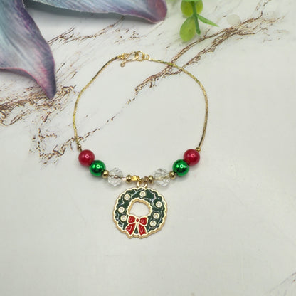 Christmas Wreath Charm Red Green Beaded Gold Doll Necklace • 18 Inch Fashion Doll Jewelry