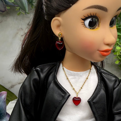 Burgundy Red Heart Charm Gold Chain Doll Necklace & Earrings Set • 18 Inch Fashion Doll Jewelry