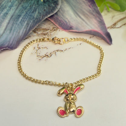 Bright Pink Accent Floppy Ear Bunny Charm Gold Doll Necklace • 18 Inch Fashion Doll Jewelry
