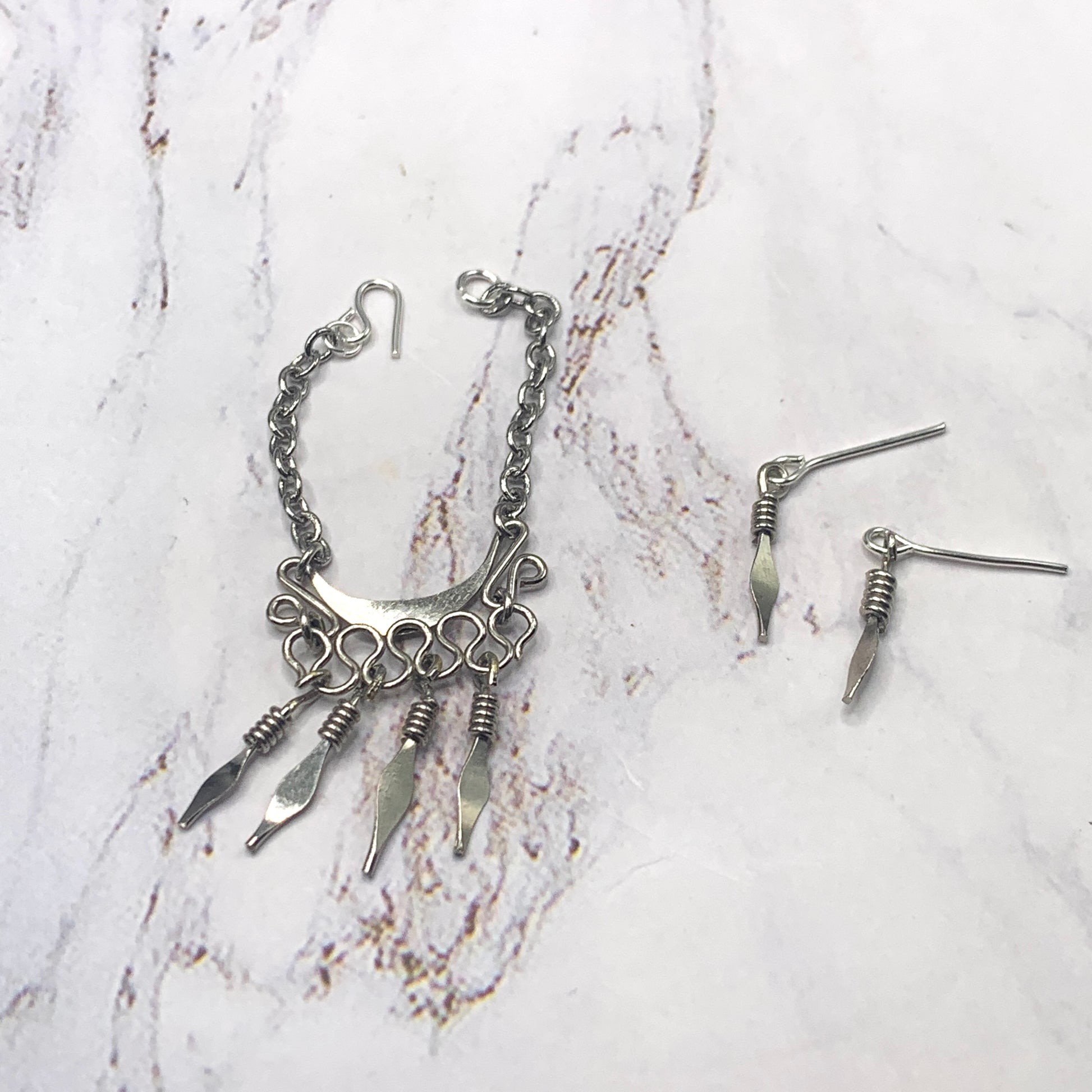 Silver Dangle Statement Doll Necklace Matching Earring Set • 16” Doll Jewelry