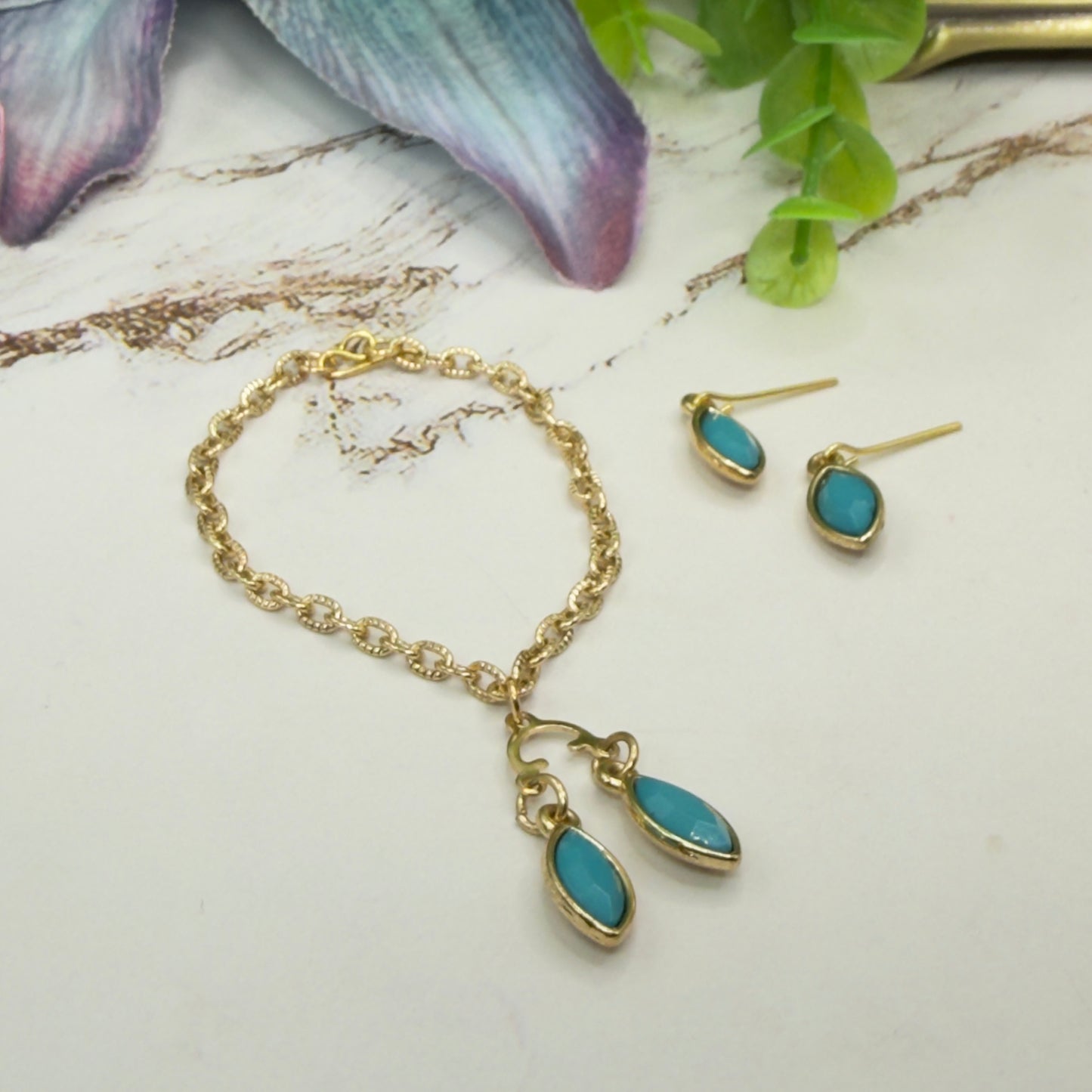 Turquoise Green Rhinestone Dual Pendant Gold Chain Dangle Doll Necklace & Earrings • 14 Inch Fashion Doll Jewelry