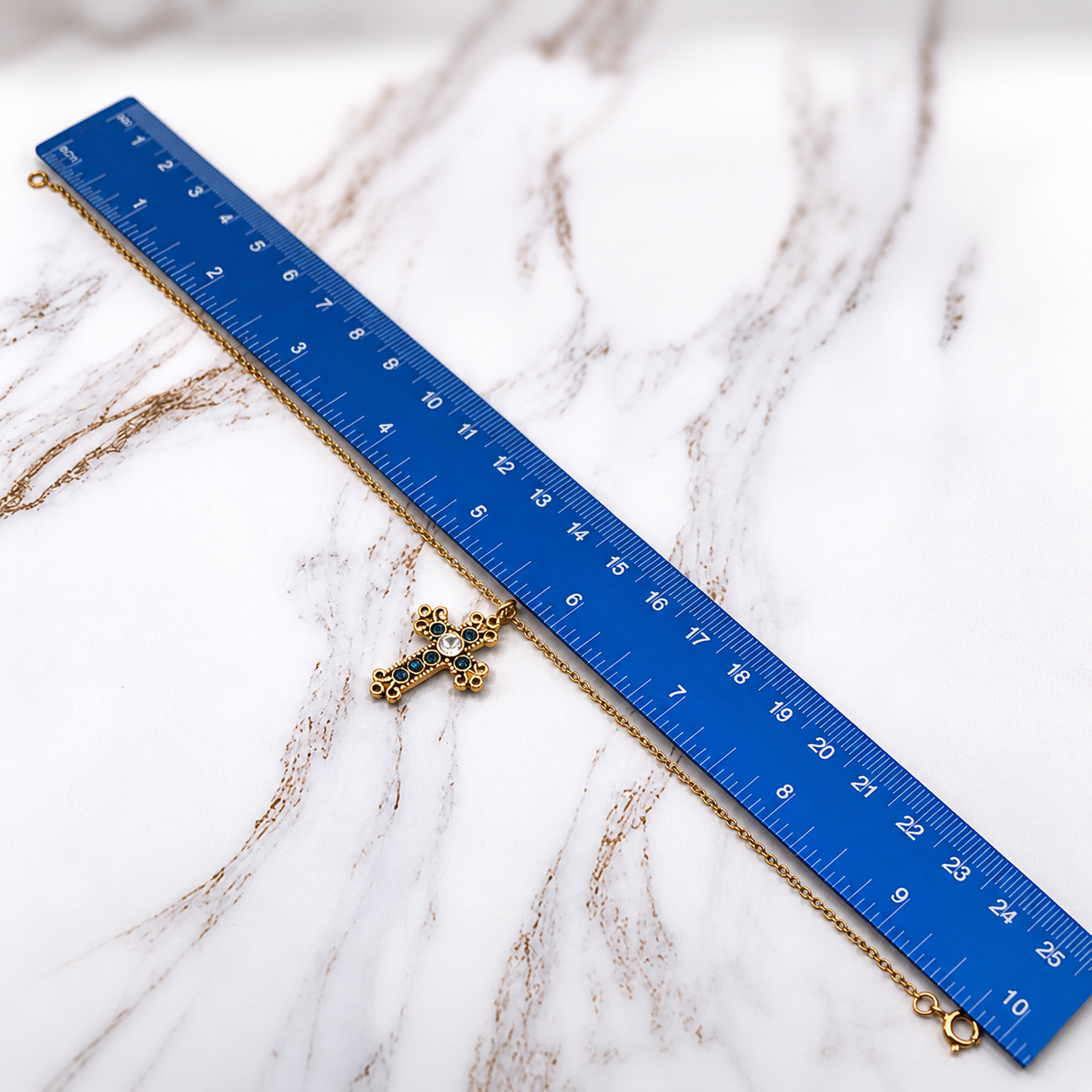 Blue Rhinestone Gold Cross Pendant Doll Necklace • 18 Inch Fashion Doll Jewelry