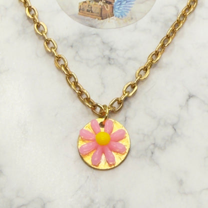 Pink Yellow Daisy Flower Pendant Gold Chain Doll Necklace • 18 Inch Fashion Doll Jewelry