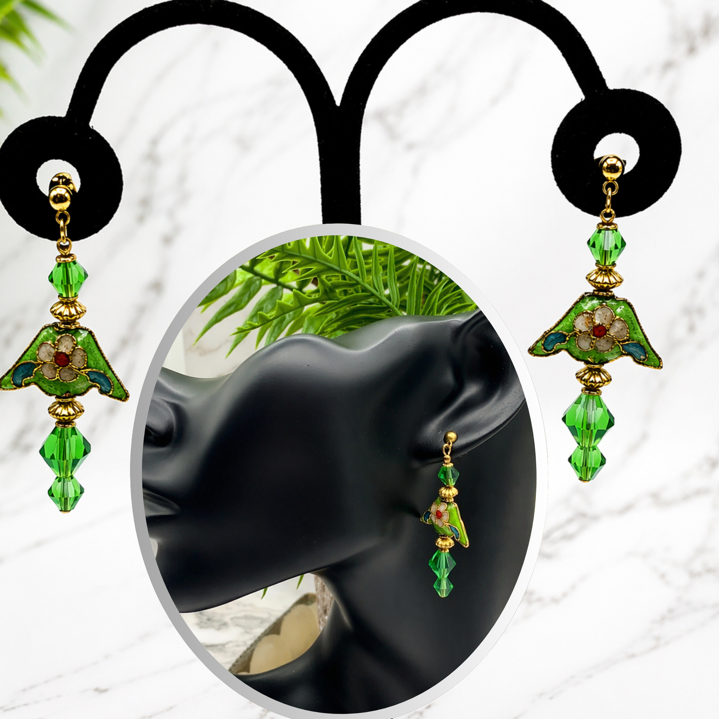 Fashion Green Crystal & Cloisonné Gold Tone Dangle Earrings - Post- Handmade
