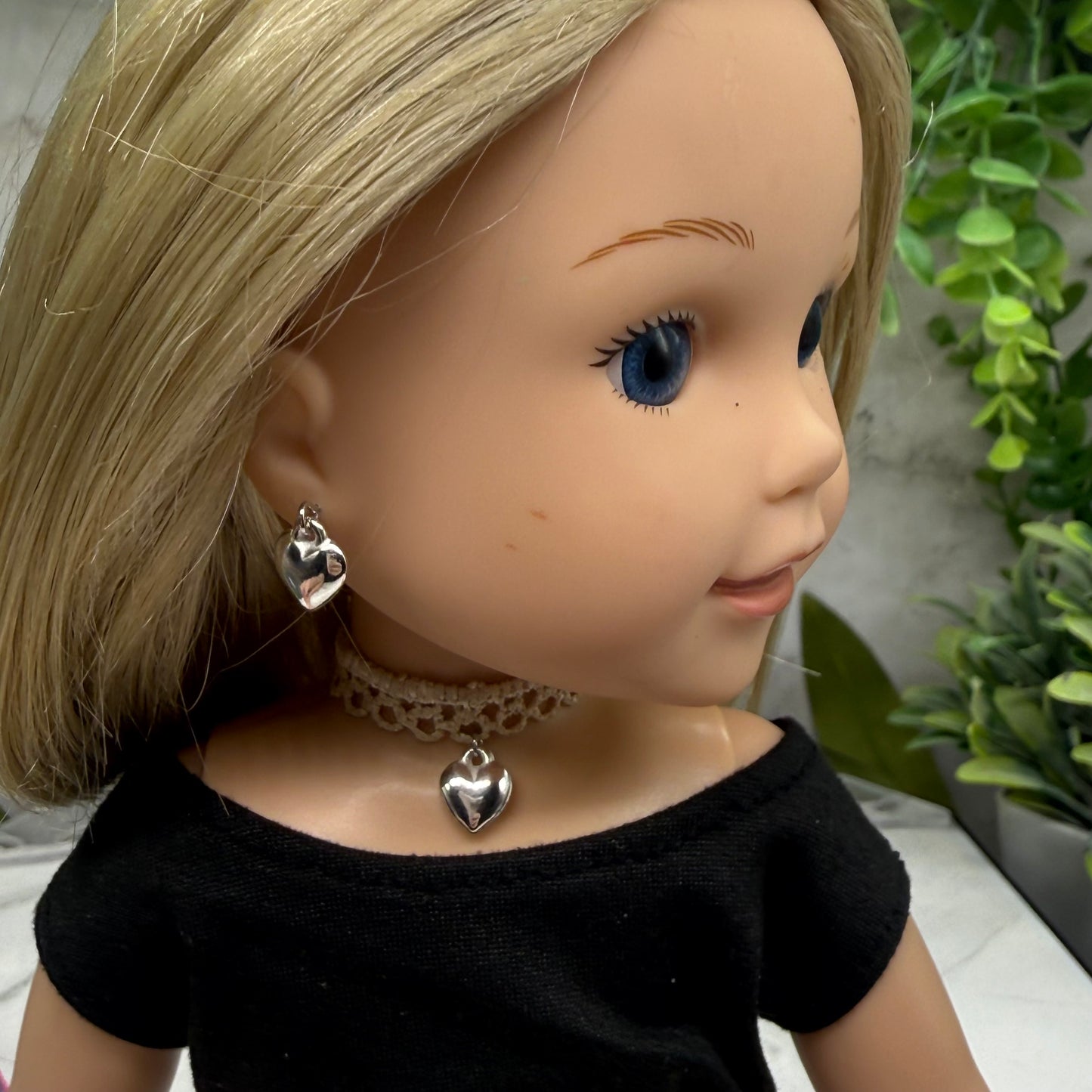 Beige Lace Choker Silver Heart Charm Doll Necklace & Earrings Set • 14 Inch Fashion Doll Jewelry