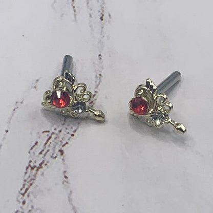 Red Rhinestone Gold Heart Post Doll Earrings 2mm Post • fits 18” American Girl